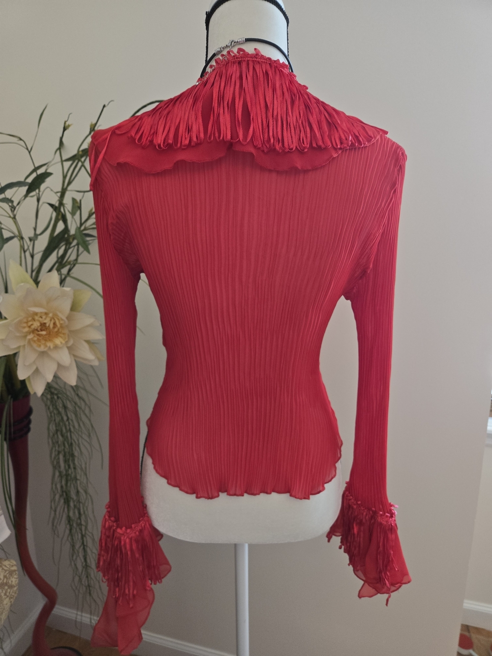 Red Ruffle-Trim V-Neck Blouse - Picture 5 of 11